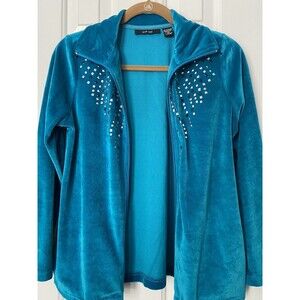 Womens Full Zip Fleece Sweater Jacket Size Small Petite SP Turquoise with Beads